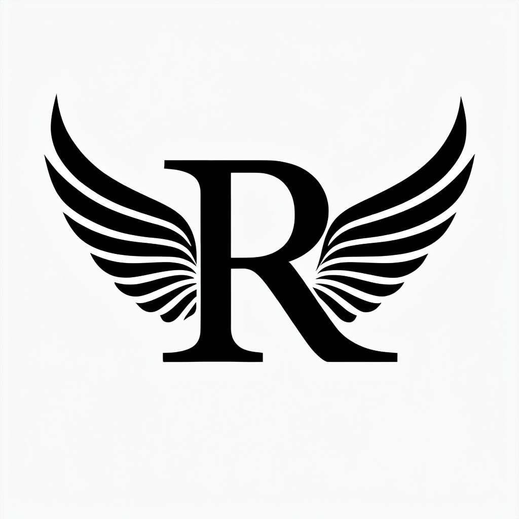 Elegant Black R Monogram with Stylized Wings Design