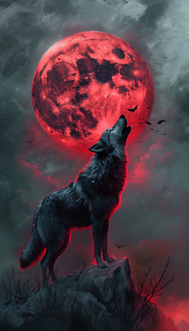 Howling Wolf Silhouette Against Blood Moon Digital Art Mobile Wallpaper