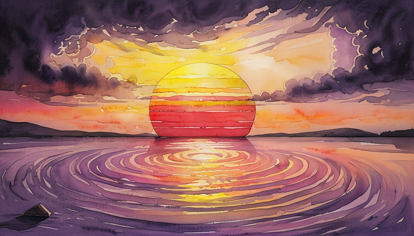 Serene Watercolor Sunset Scene with Colorful Reflections Background