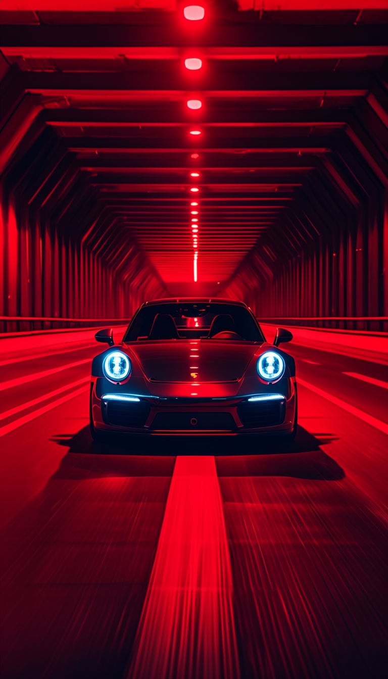 Sleek Dark Porsche 911 in Dramatic Red Tunnel Scene Mobile Wallpaper