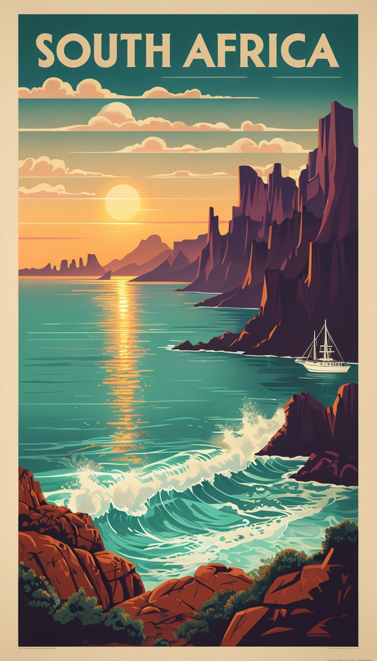 Scenic South Africa Sunset Retro Travel Poster Illustration