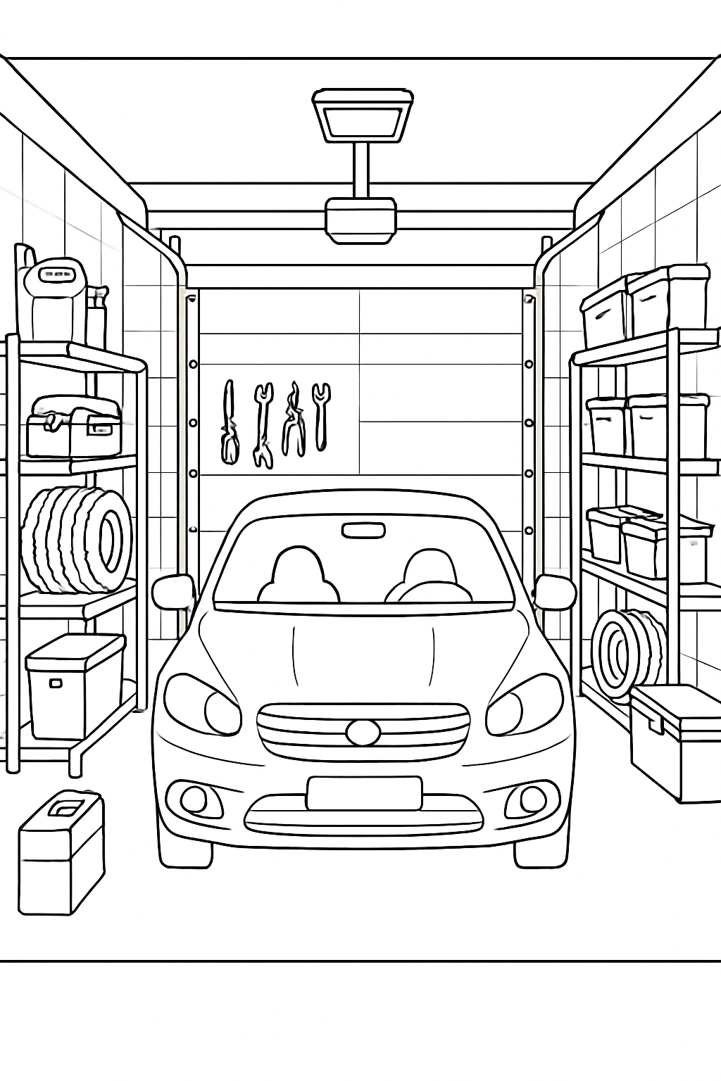Modern Sedan in a Garage Scene Line Drawing Coloring Book Pages