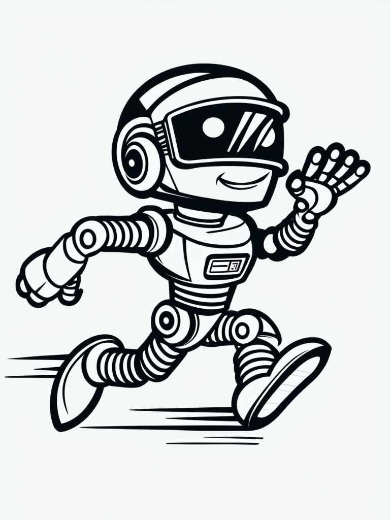 Dynamic Cartoon Robot Running Illustration for Coloring Book Pages