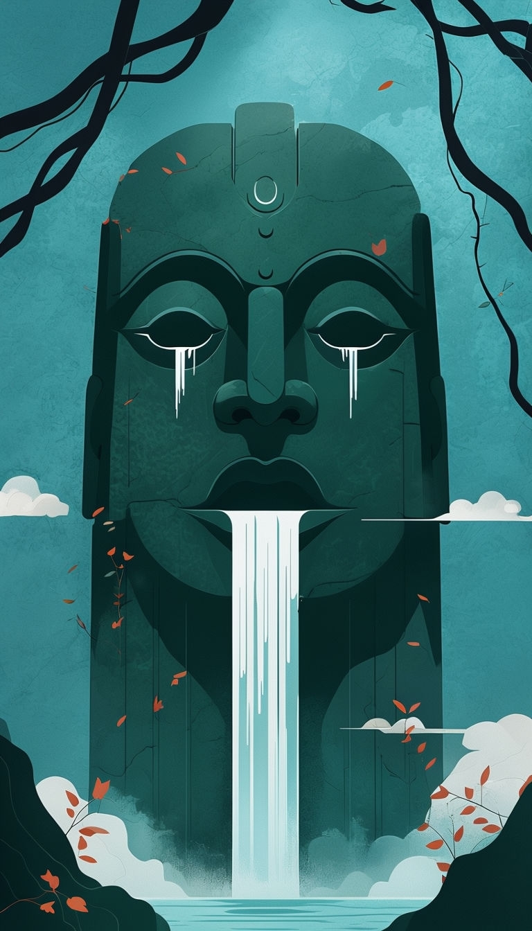 Surreal Dark Green Idol with Waterfalls Mobile Wallpaper