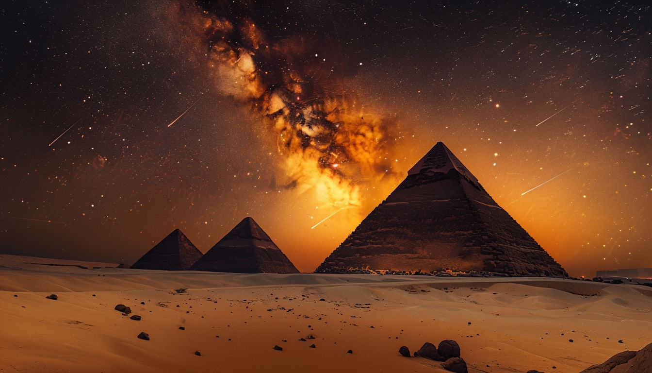 Majestic Egyptian Pyramids Under Starry Night Sky Background