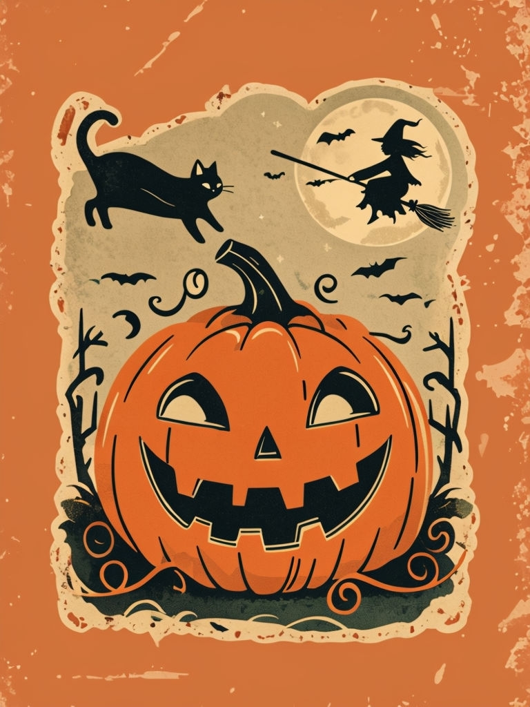 Vintage Halloween Jack-o'-Lantern Illustration with Black Cat Poster