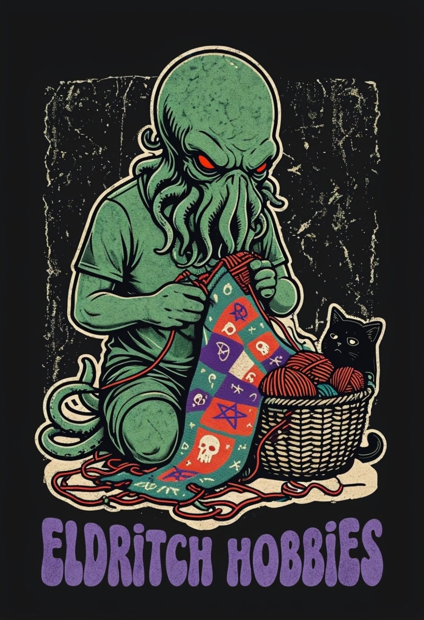 Darkly Humorous Cthulhu Knitting Retro T-Shirt Design