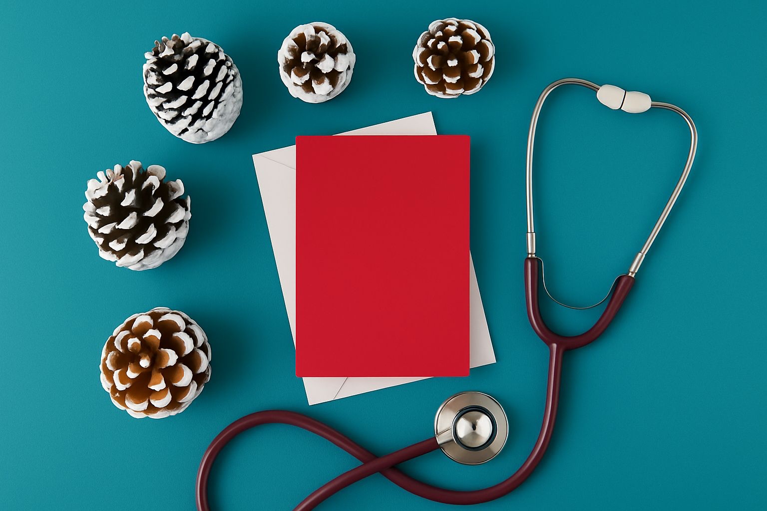 Modern Teal Flat Lay with Red Greeting Card and Stethoscope Mockup