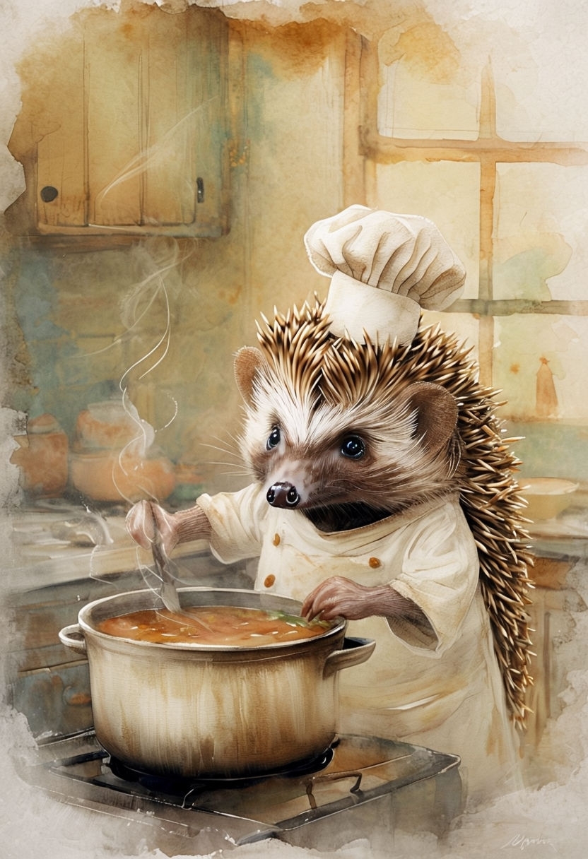 Cozy Hedgehog Chef Cooking Soup in Rustic Kitchen Art