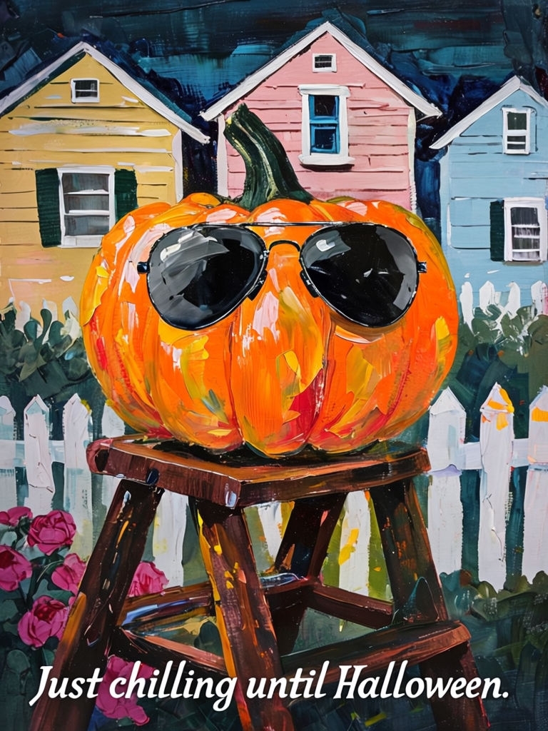 Whimsical Pumpkin with Sunglasses and Charming Houses Art Poster