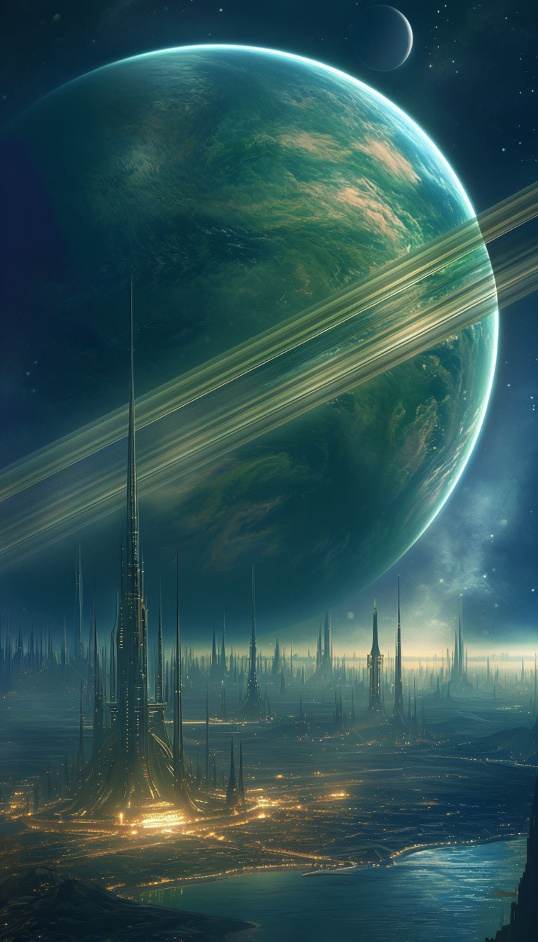 Futuristic Alien Cityscape with Teal Planet in Space Mobile Wallpaper