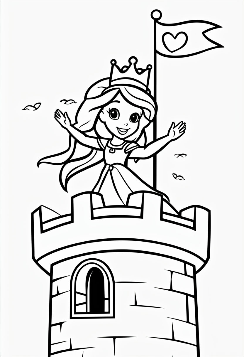 Cheerful Cartoon Princess in Castle Turret Coloring Book Page