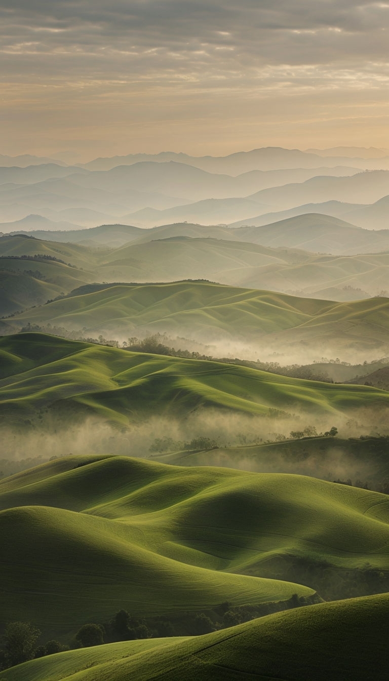 Tranquil Rolling Hills Landscape in Soft Natural Light Mobile Wallpaper