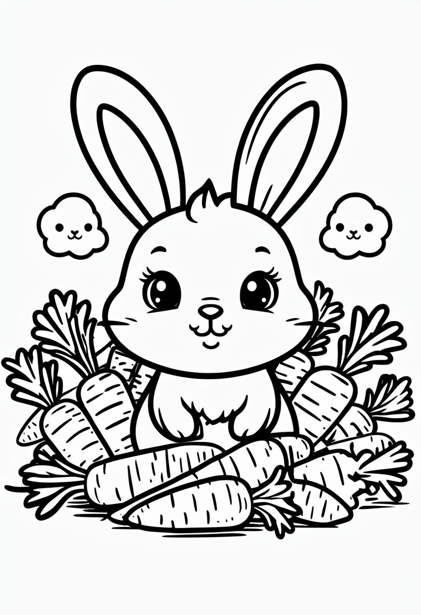 Cute Cartoon Bunny Surrounded by Carrots Coloring Page