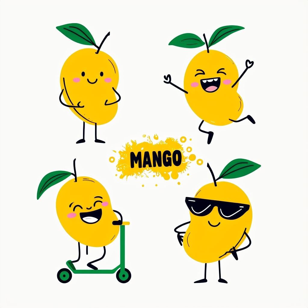 Playful Cartoon Mango Characters with Cheerful Expressions T-Shirt