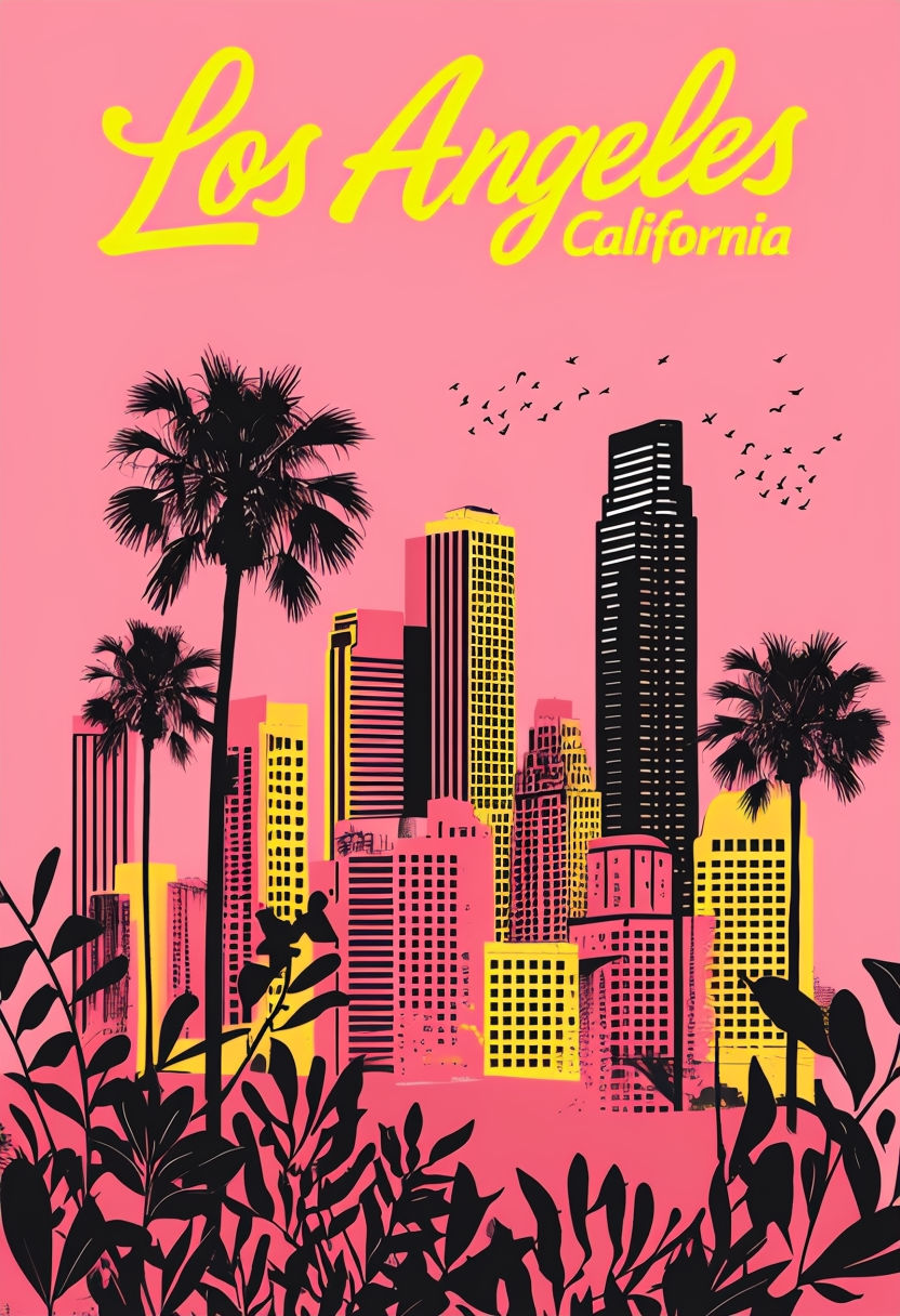 Vibrant Retro Los Angeles Skyline Illustration Poster