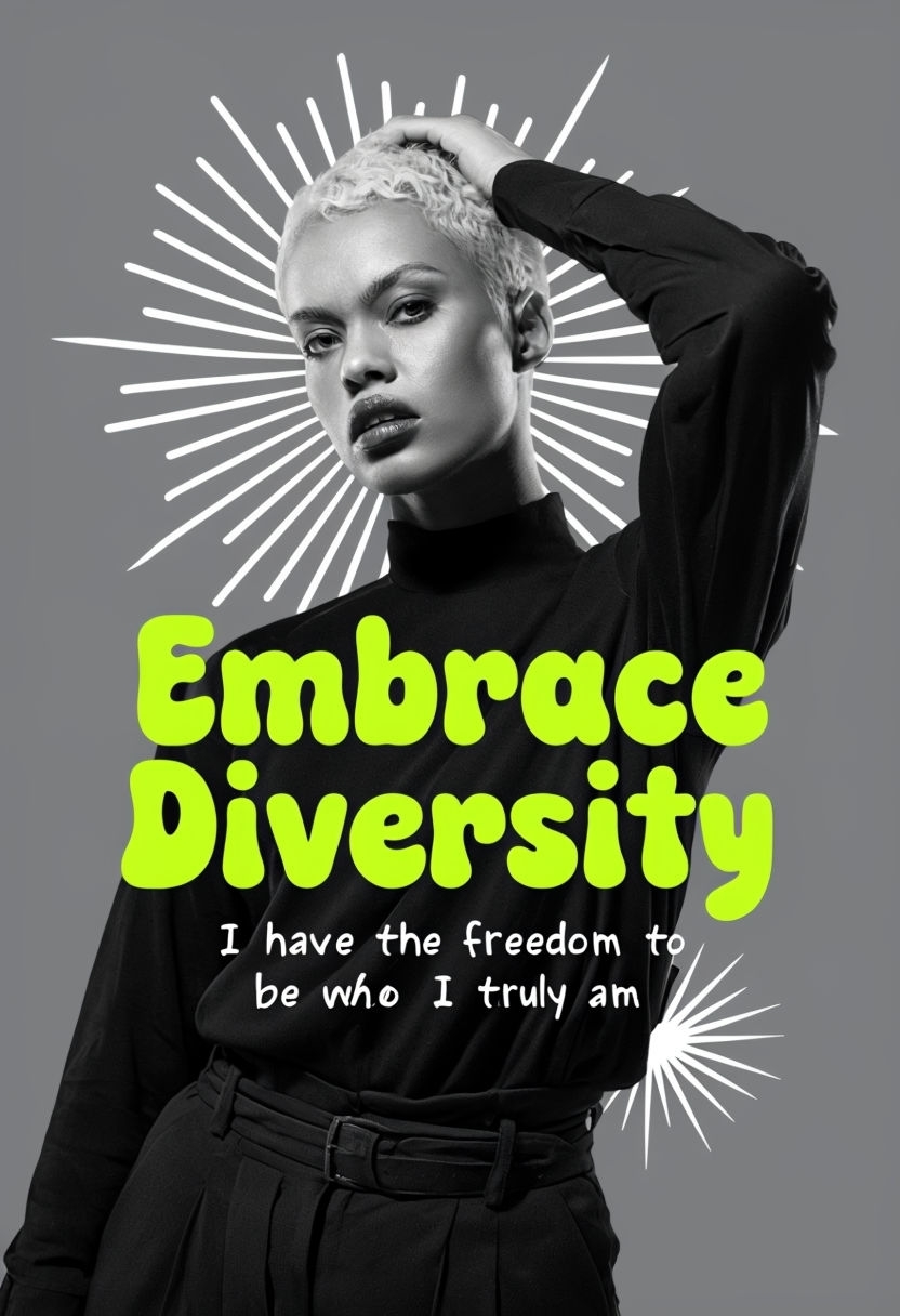 Empowering Black and White Portrait with 'Embrace Diversity' Text Art