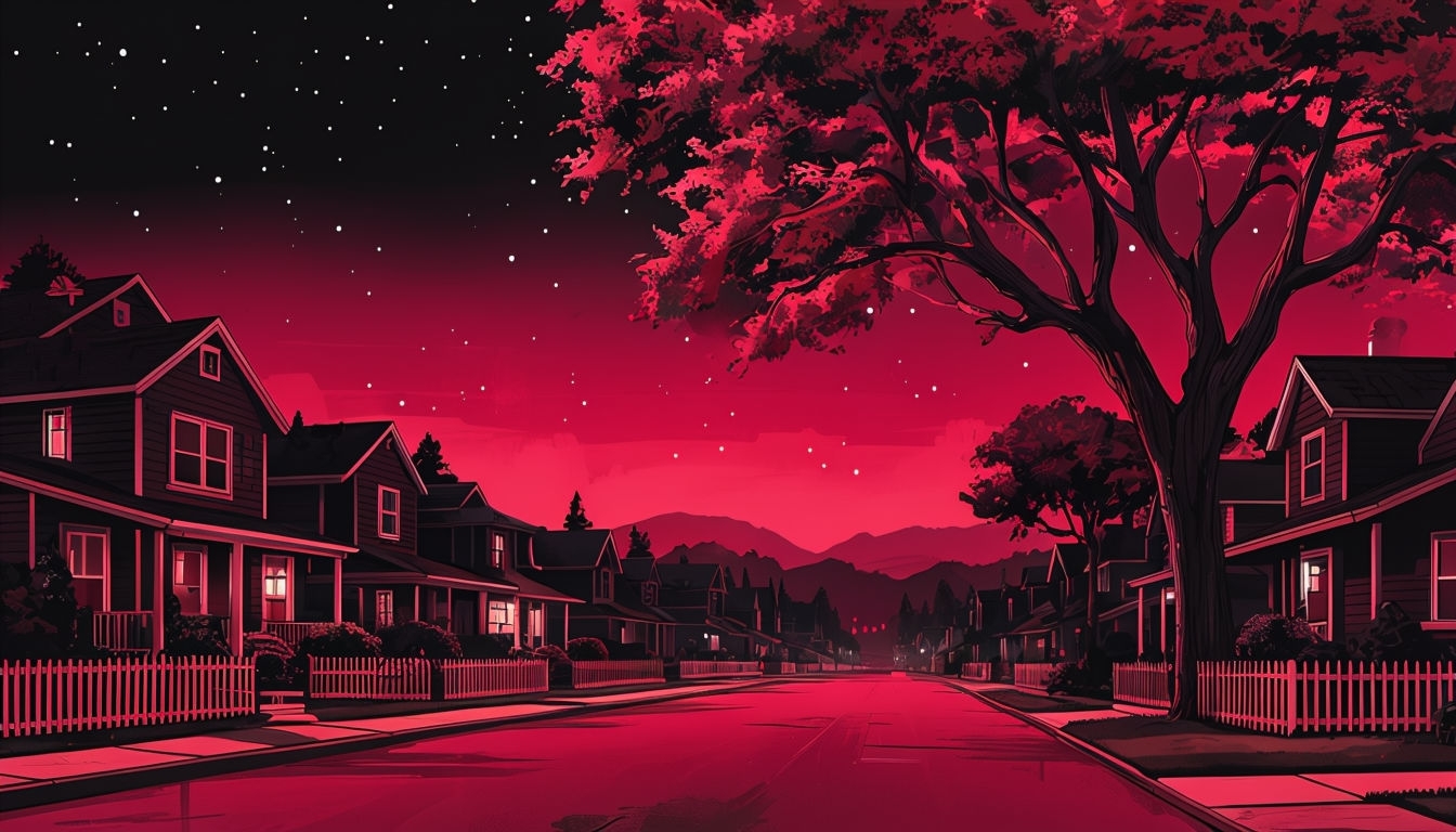 Crimson Red Suburban Neighborhood Night Illustration for Virtual Backgrounds