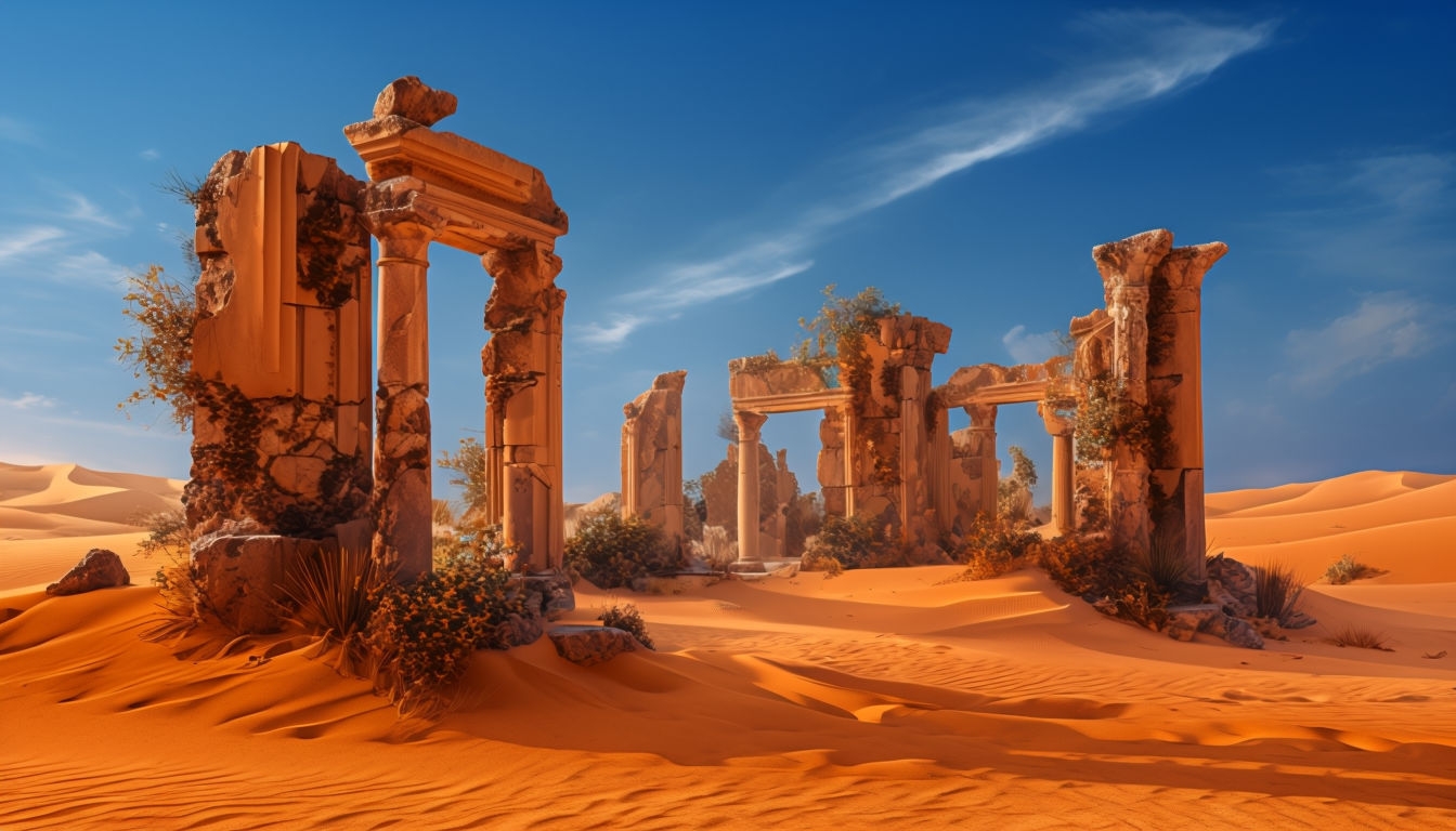 Ancient Ruins Half-Buried in Golden Sand Dunes Art