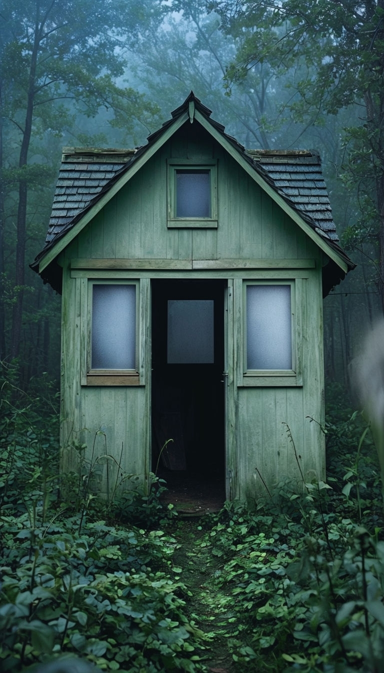 Weathered Green Wooden Shed Surrounded by Forest Mobile Wallpaper