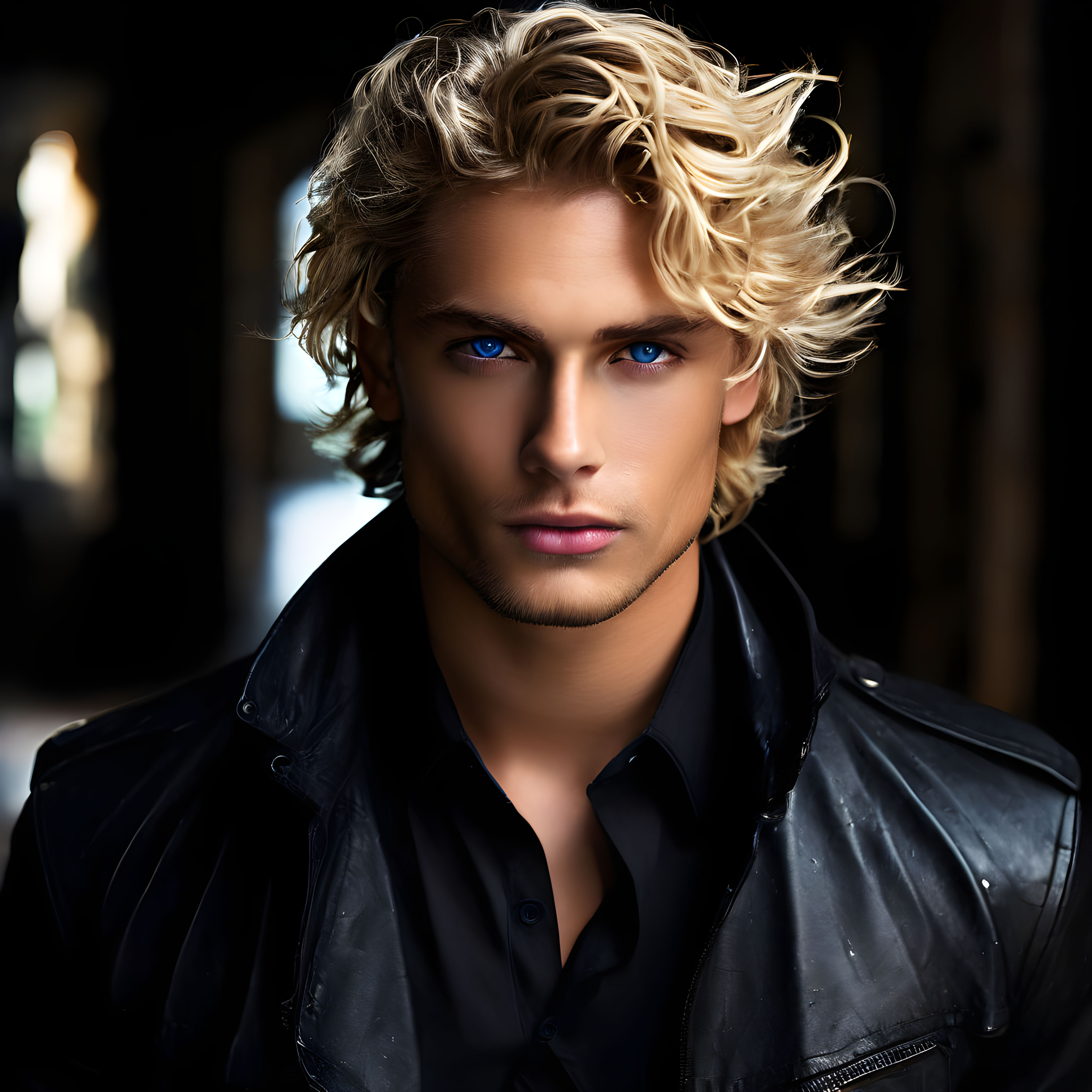 muscular man blond hair curly with grey eyes and tattoos