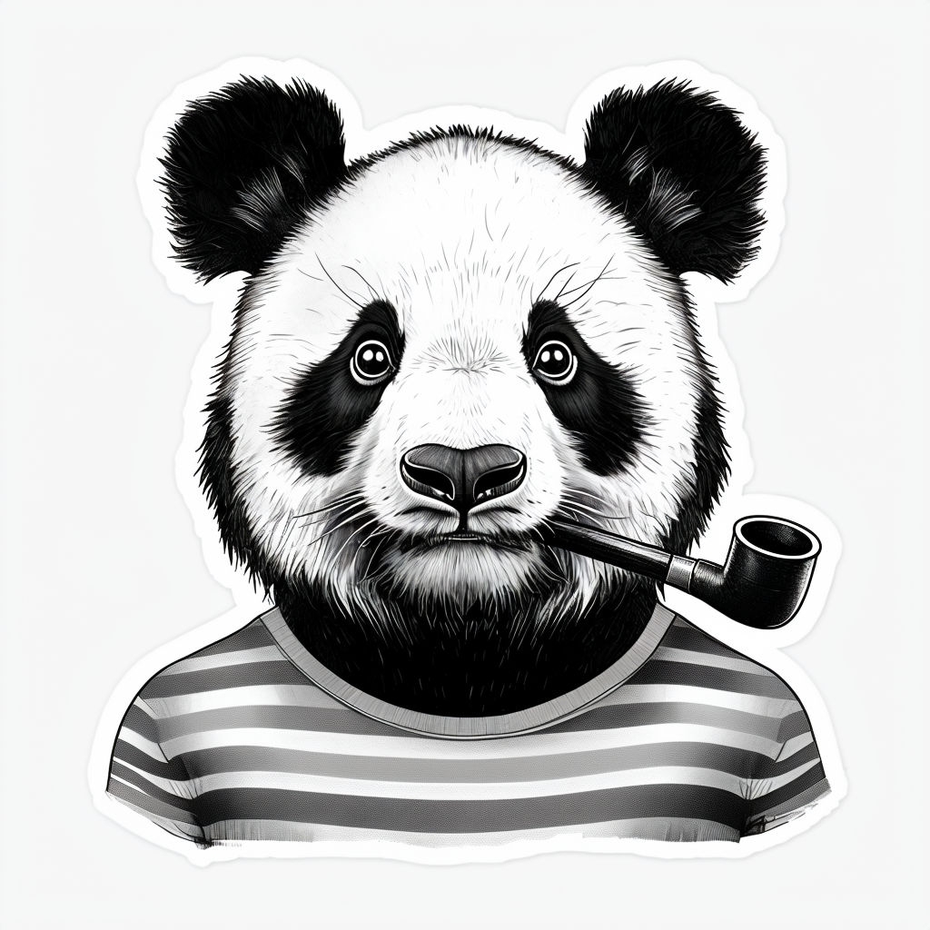 Whimsical Black and White Panda with Pipe Illustration Sticker