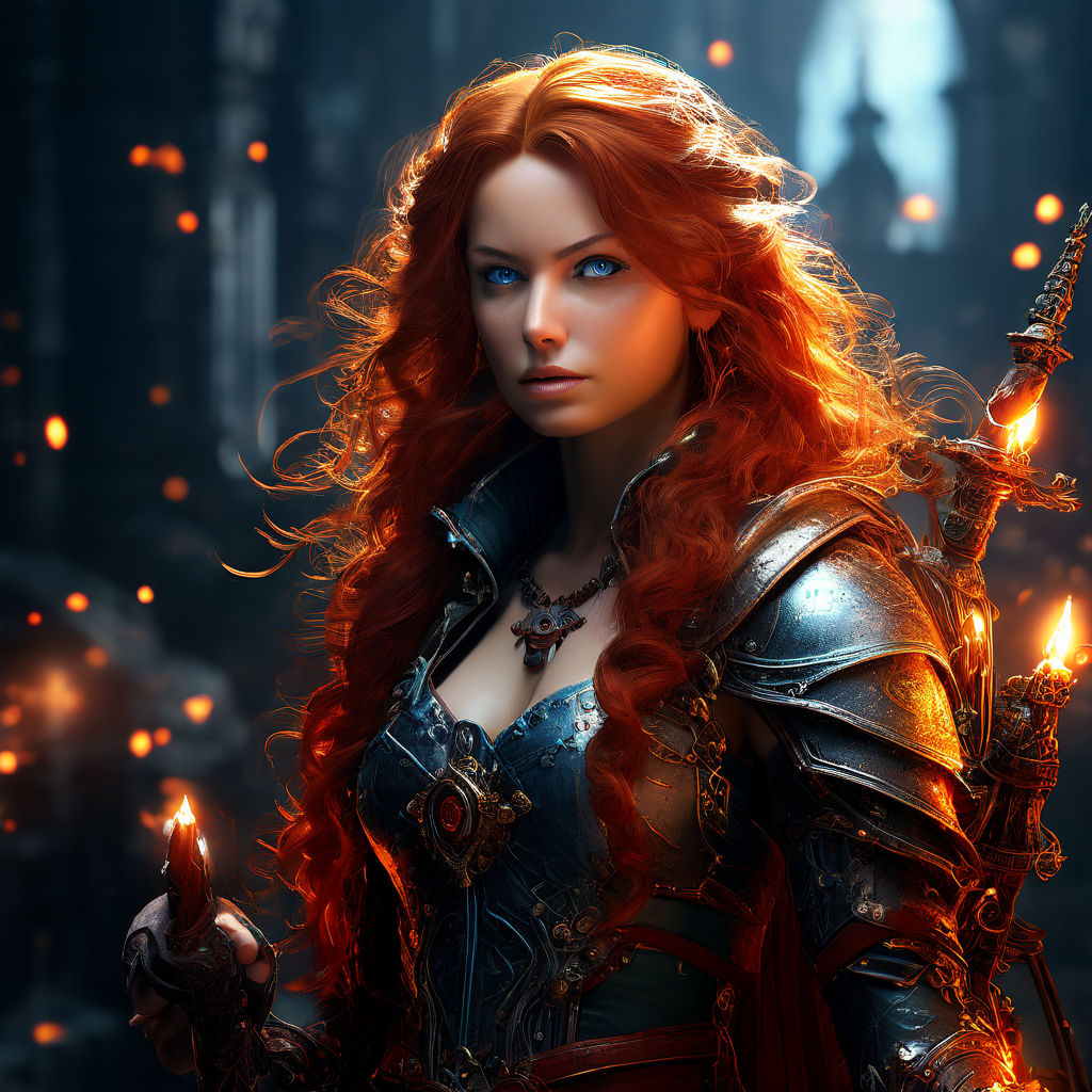 3d cartoon beautiful red haired scottish female warrior holding a large 2  handed axe