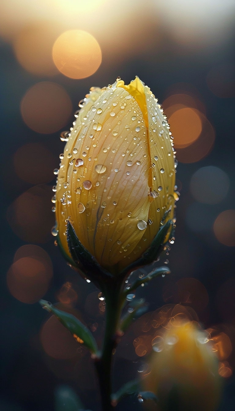 Dewy Yellow Flower Bud Close-Up in Serene Soft Lighting Mobile Wallpaper