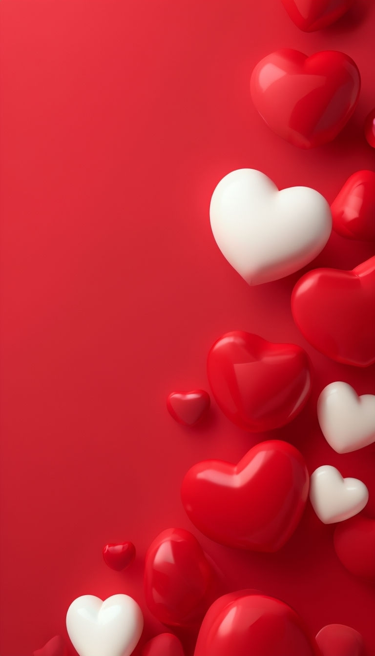 Romantic Heart-Shaped Objects on Vibrant Red Background Mobile Wallpaper