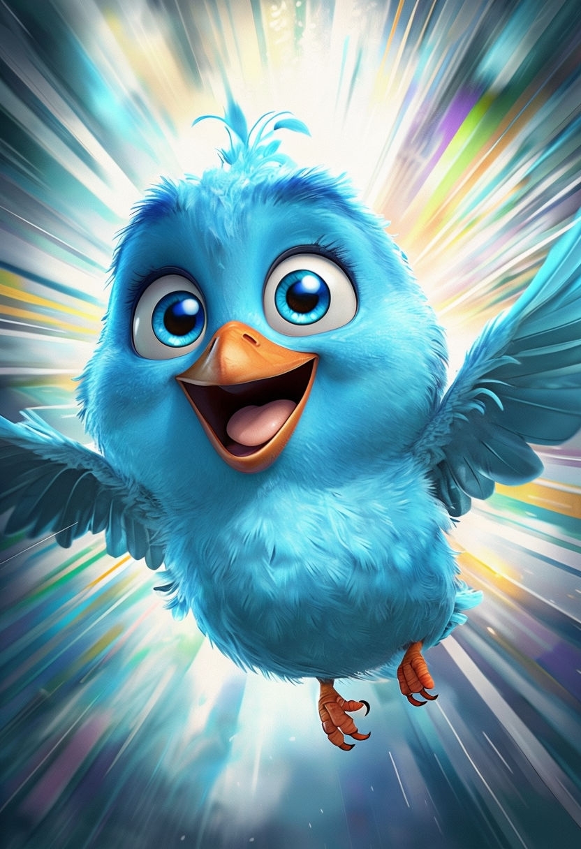 Vibrant Animated Blue Bird in Mid-Flight Art Poster