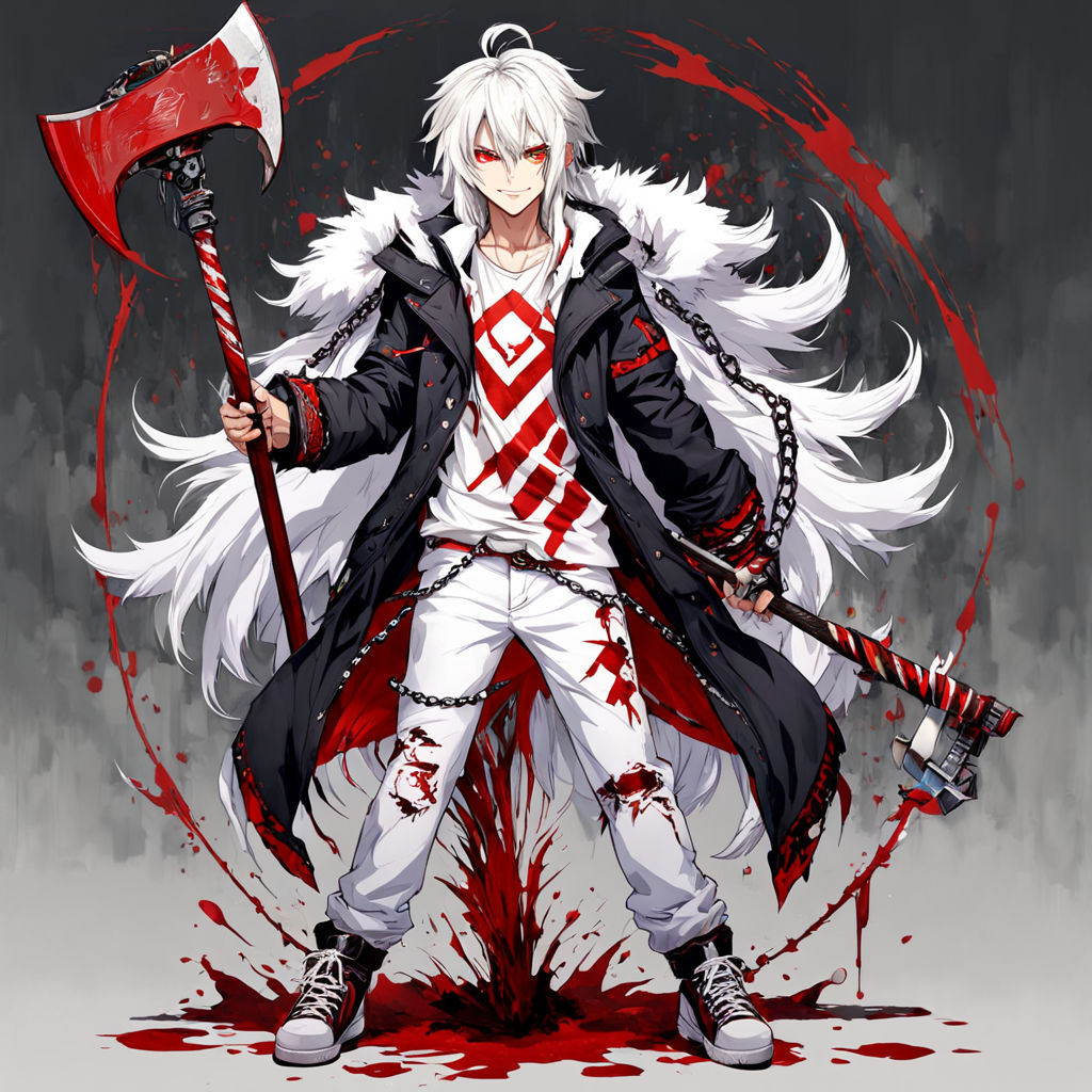 A shirtless male anime character covered in blood