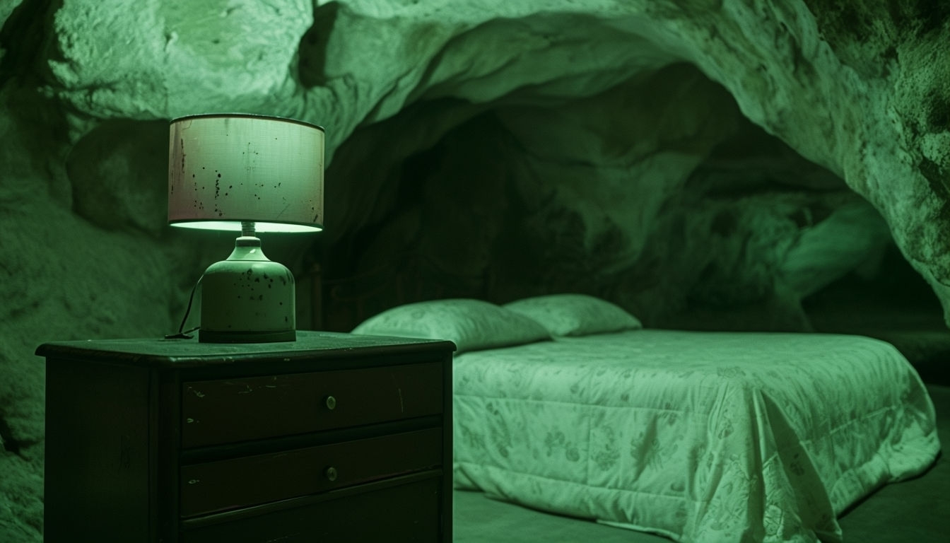 Eerie Dimly Lit Cave Bedroom Scene Photography for Virtual Backgrounds