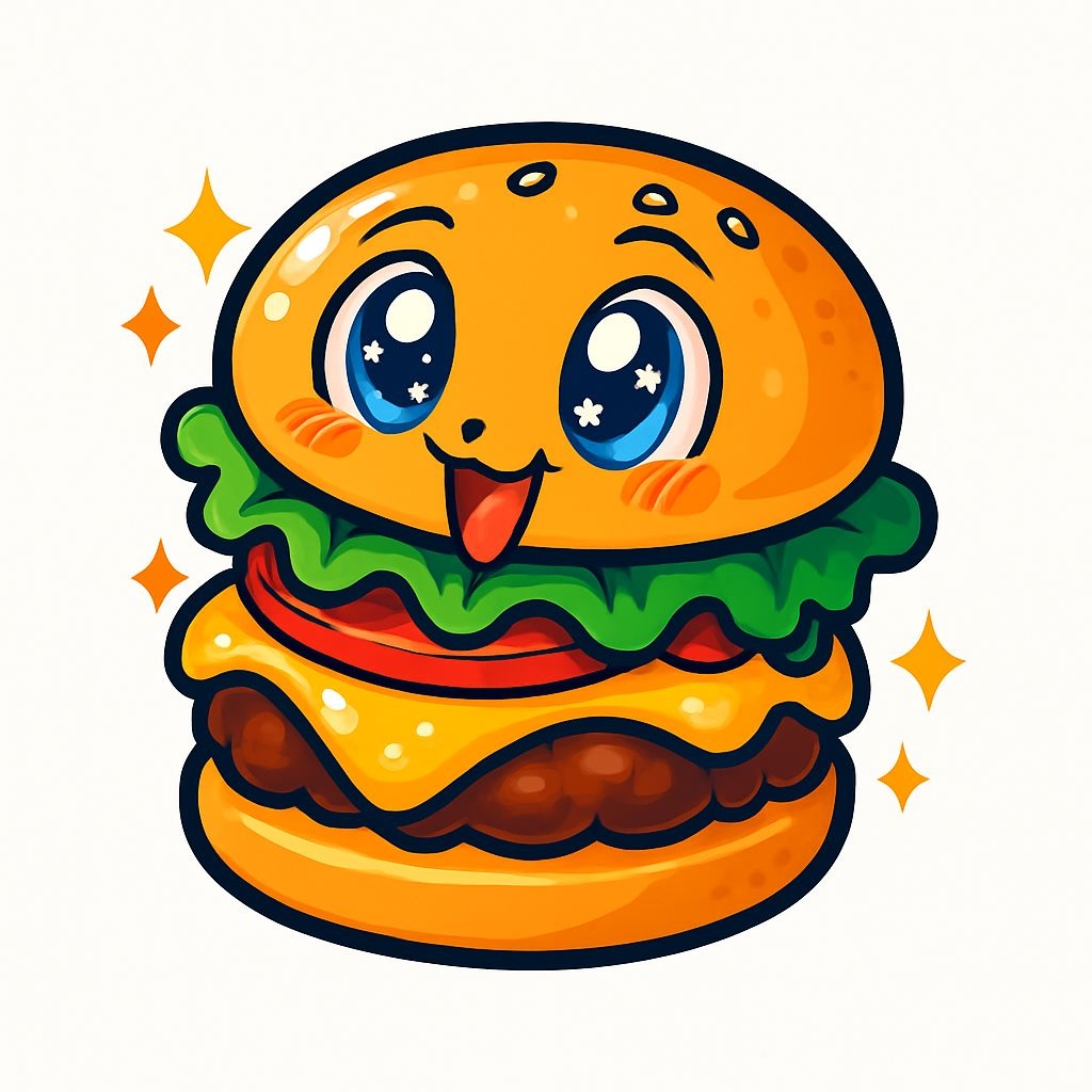 Cute Cartoon Burger Character with Sparkles Sticker