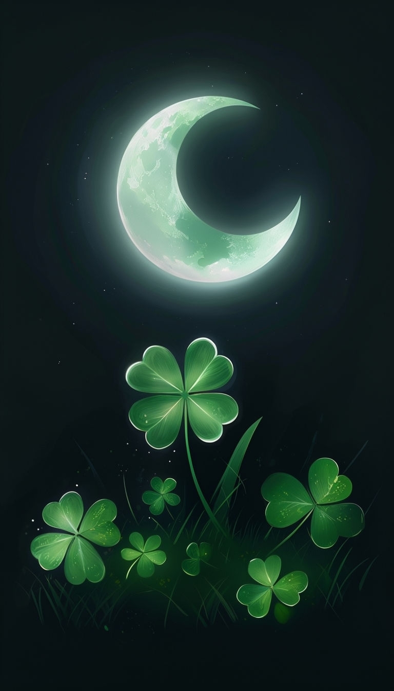 Glowing Shamrocks Under Crescent Moon Digital Artwork Mobile Wallpaper