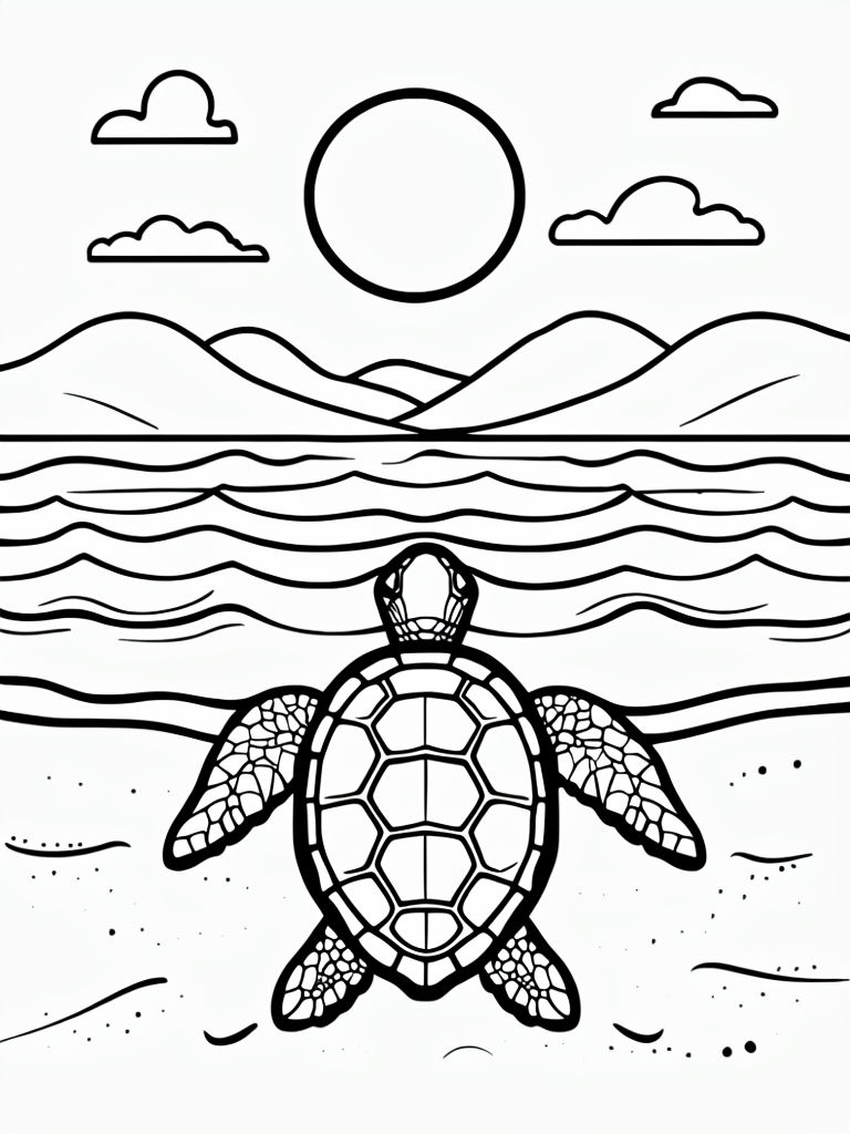 Serene Beach Scene with Sea Turtle Line Drawing for Coloring Book Pages