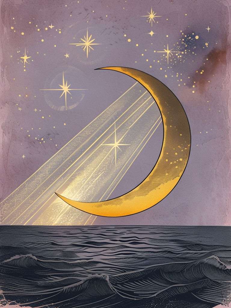 Vintage Golden Crescent Moon Ocean Illustration Art