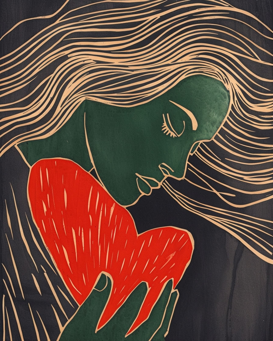 Intimate Linocut Human Figure with Heart Illustration Art