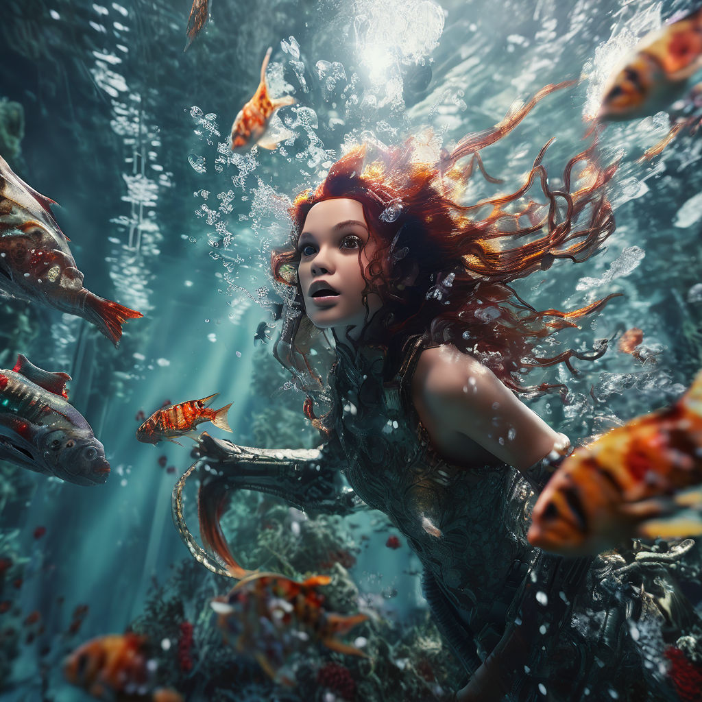 Photograpic portrait of Keira Knightley as a mermaid with fin