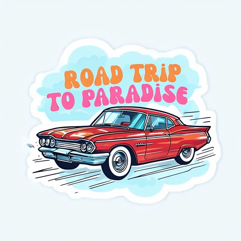 Retro 1960s Car Road Trip to Paradise Sticker