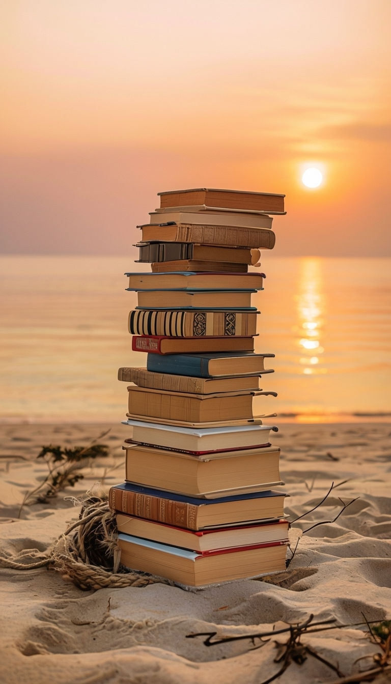 Serene Beach Sunset with Stack of Colorful Books Art