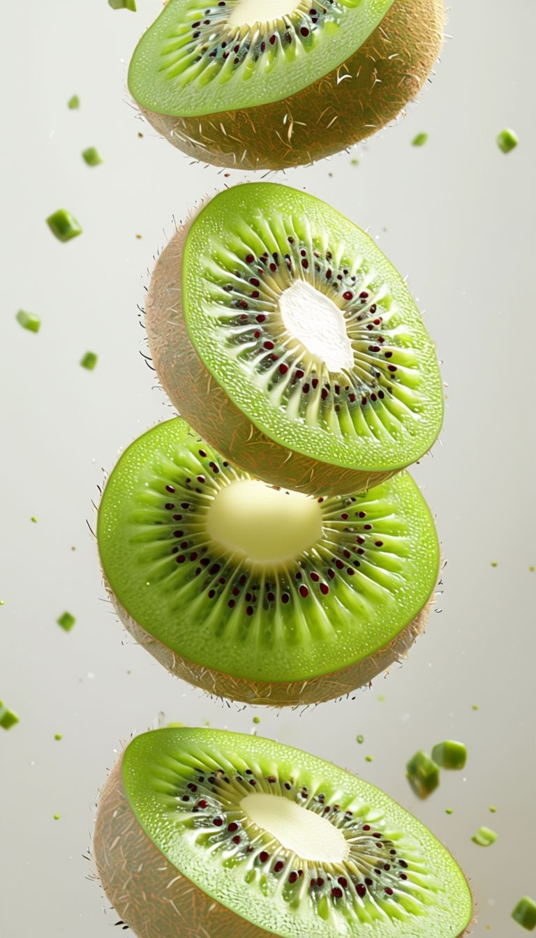 Vivid Kiwi Slices Floating in Mid-Air Illustration Mobile Wallpaper