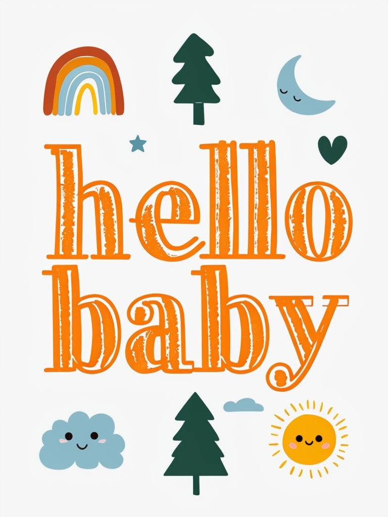 Playful Hello Baby Graphic Design with Whimsical Illustrations Card