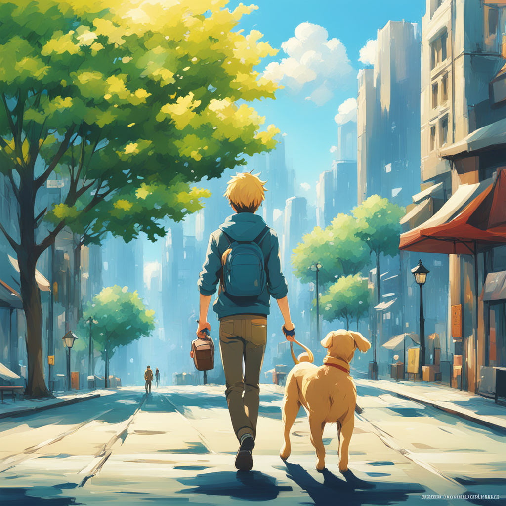 anime male walking in the city with his puppy