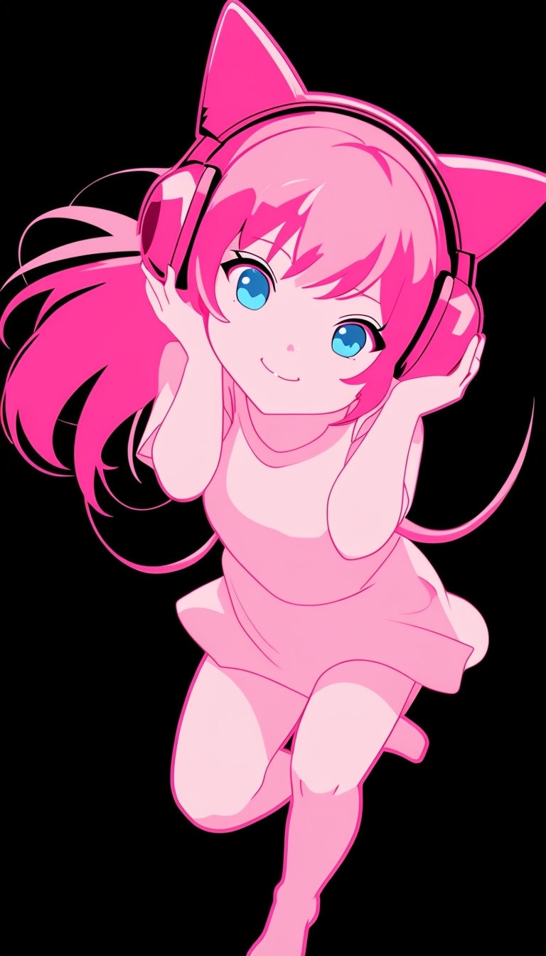 Cute Anime Girl with Hot Pink Cat Ear Headphones Phone Case Cover