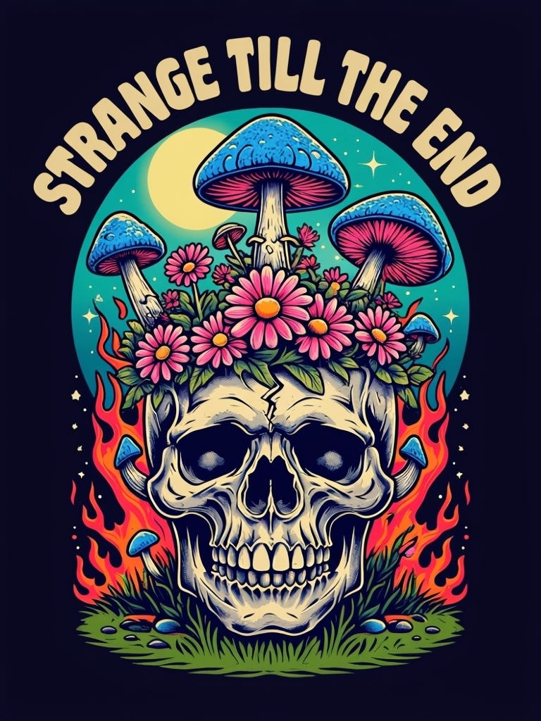 Psychedelic Skull and Daisies with Retro Text T-Shirt