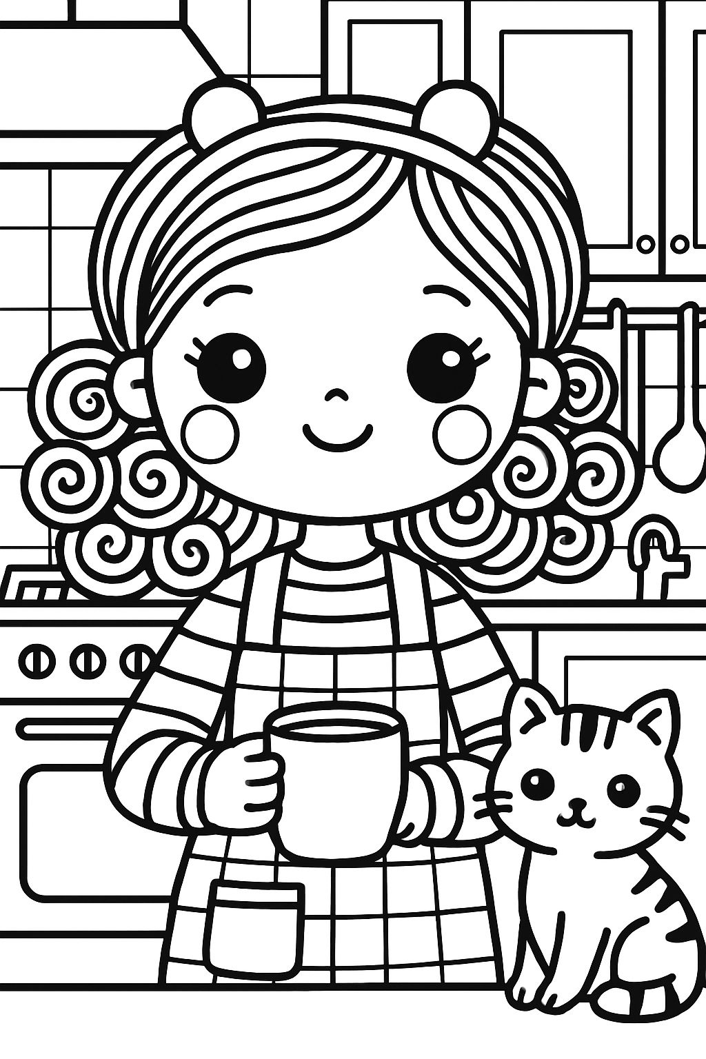 Cartoon Girl in Kitchen with Mug and Cat Coloring Page