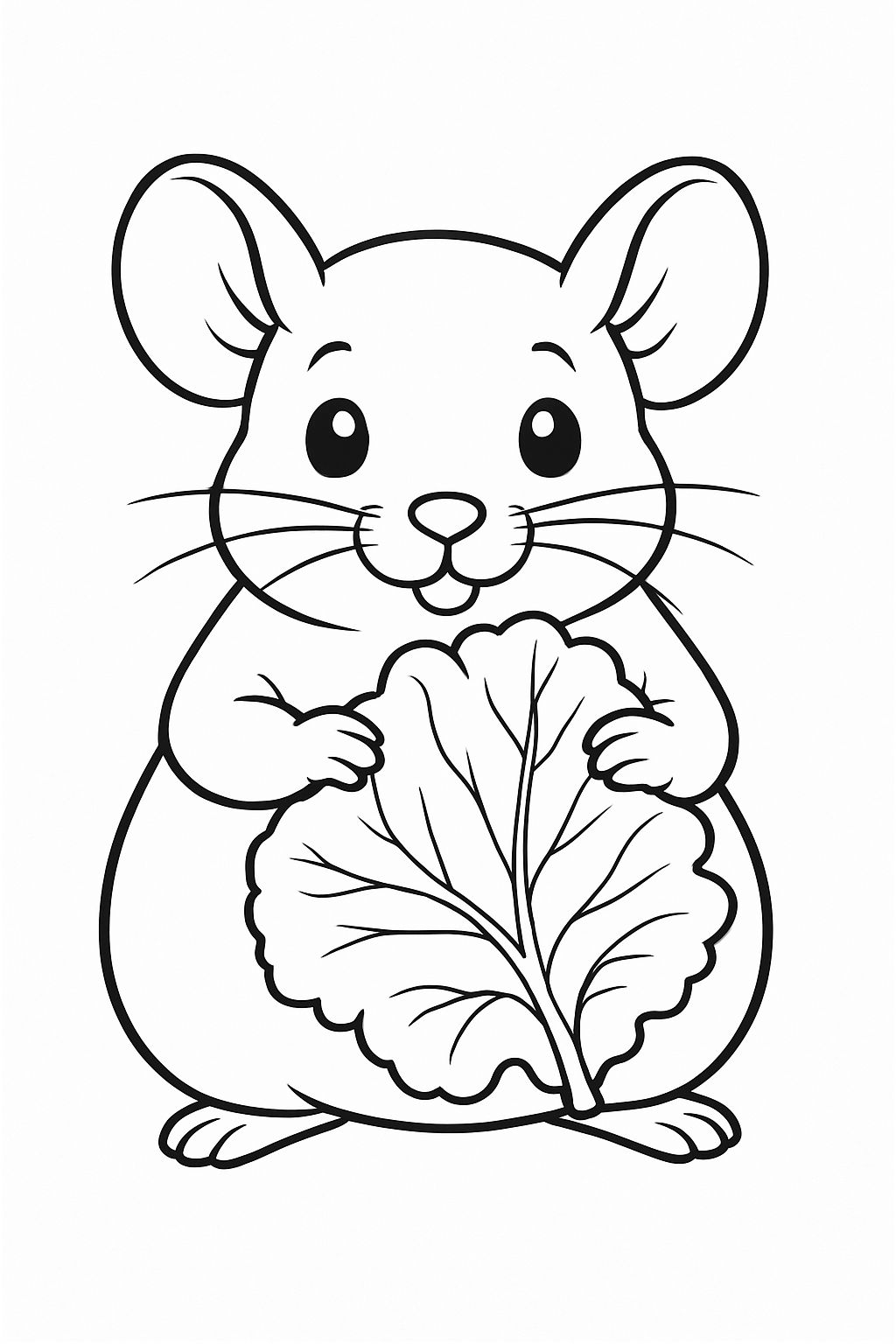 Cute Happy Mouse Holding Leaf Line Drawing for Coloring Book Pages