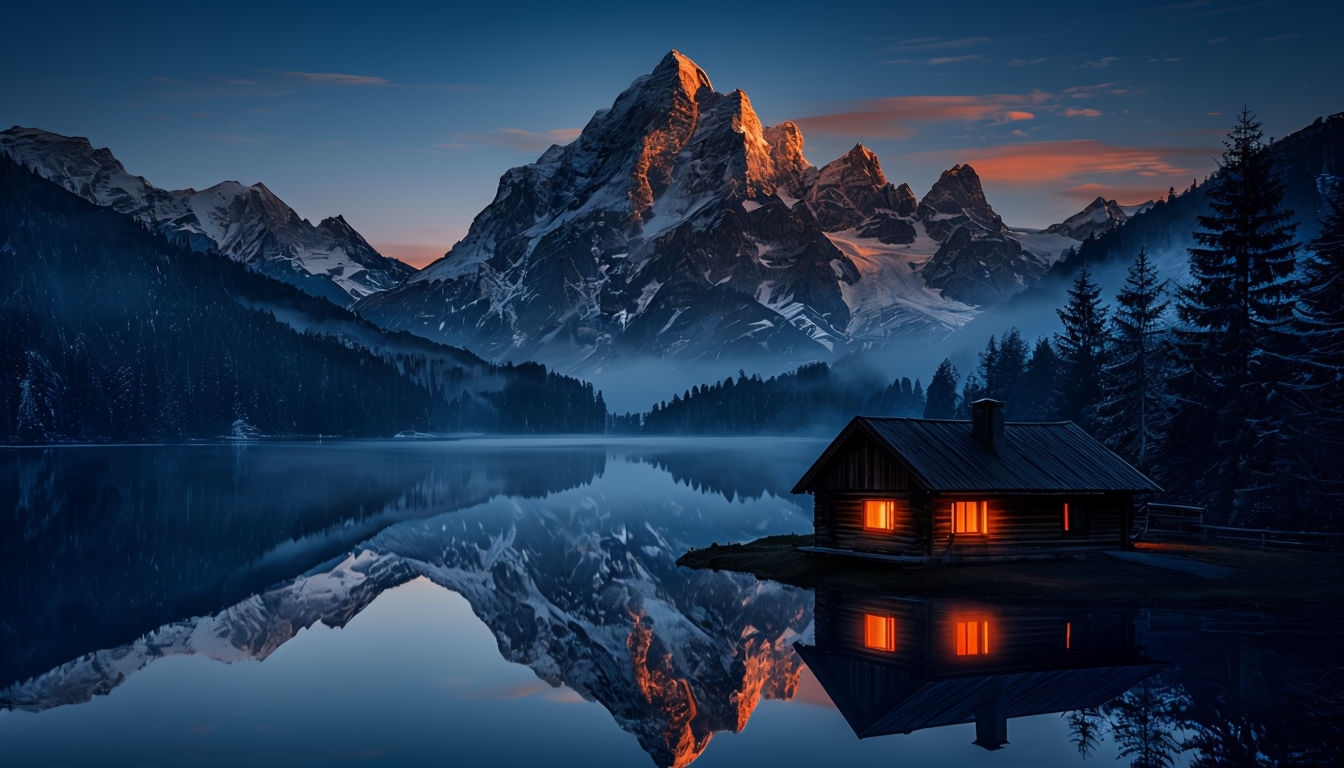 Tranquil Mountain Cabin Reflection at Dusk Virtual Background