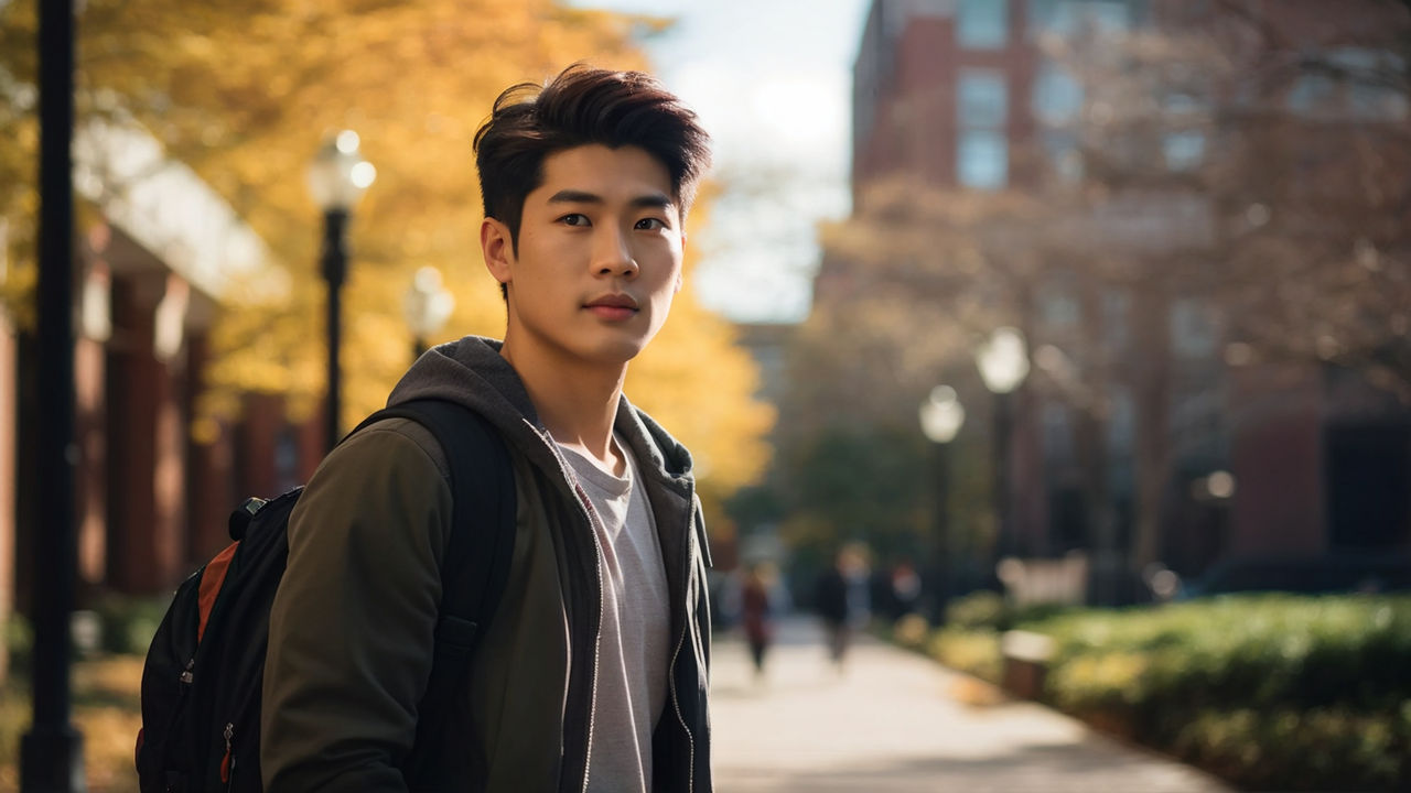 19 YEAR OLD KOREAN SEXY BOY STANDING AT THE GATE BEFORE SCHOOL BUILDING