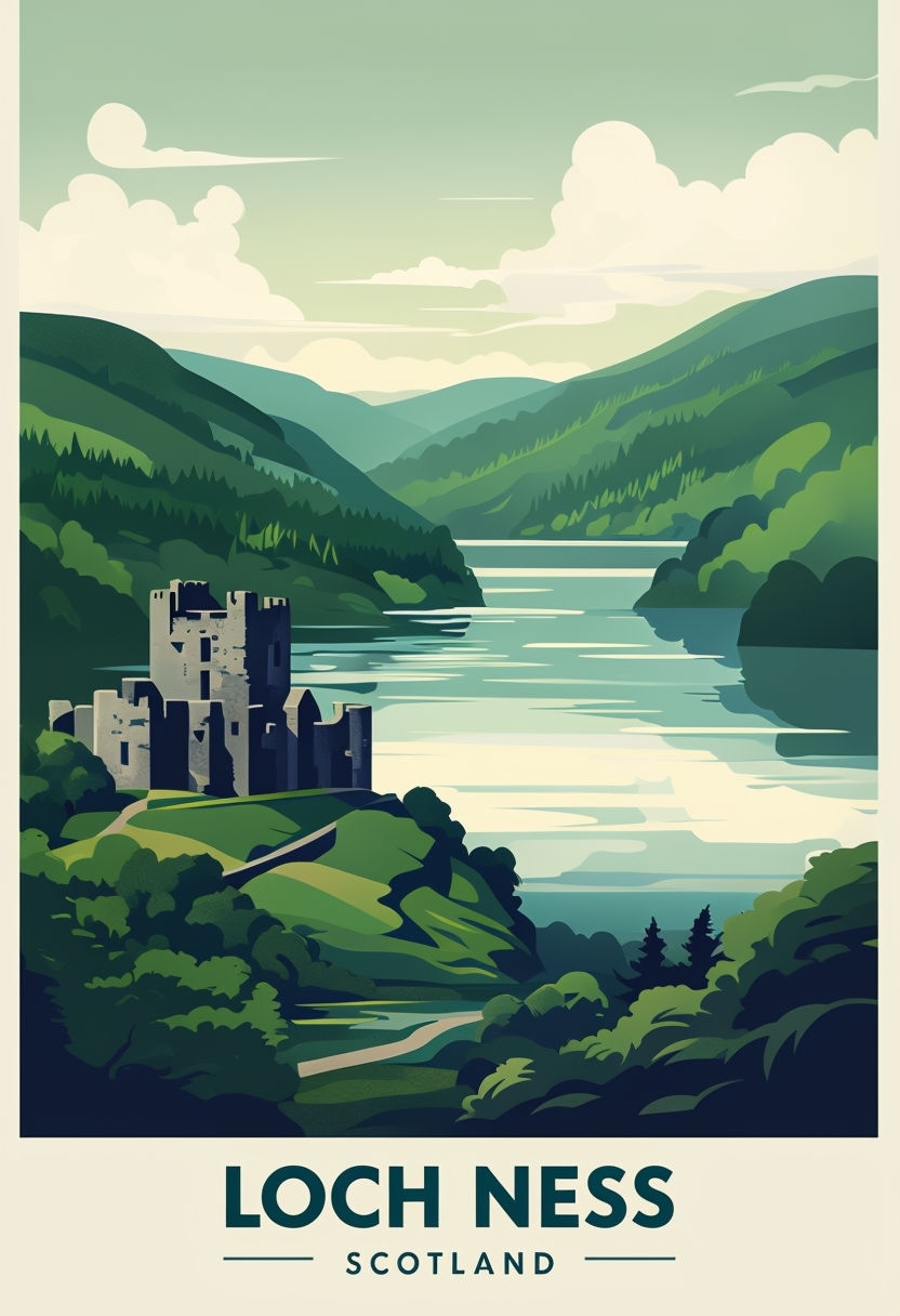 Vintage Loch Ness Scotland Travel Poster Illustration